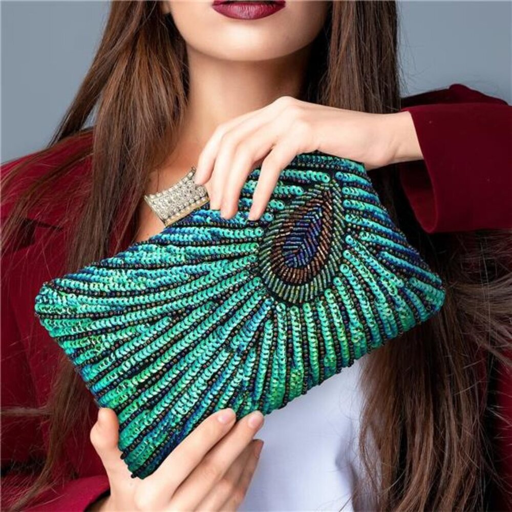 Evening Bag Clutch Purses for Women Beaded Sequin Peacock Party Handbag Wedding - Picture 5 of 7